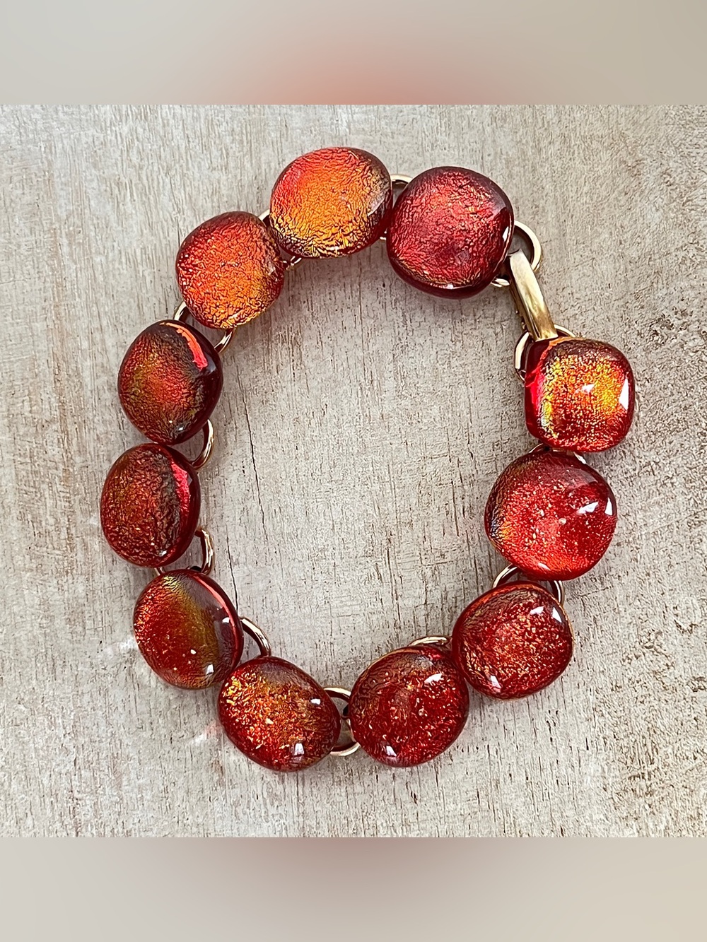 Vintage Red Murano/Venetian-Style Glass Glitter Link Bracelet, Gold Tone 7.25”